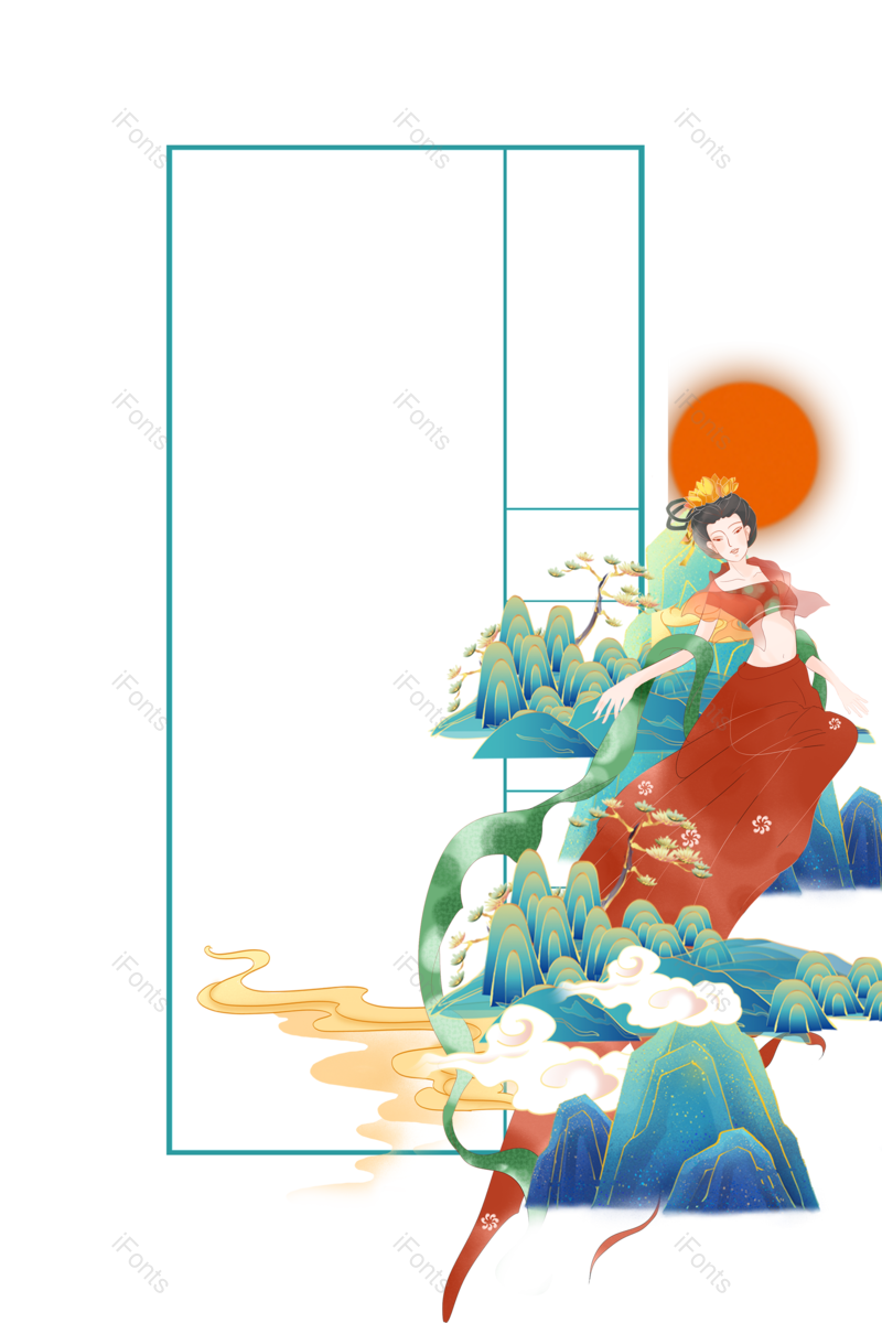 边框图片,中国风元素,乐器PNG,古风人物免抠素材